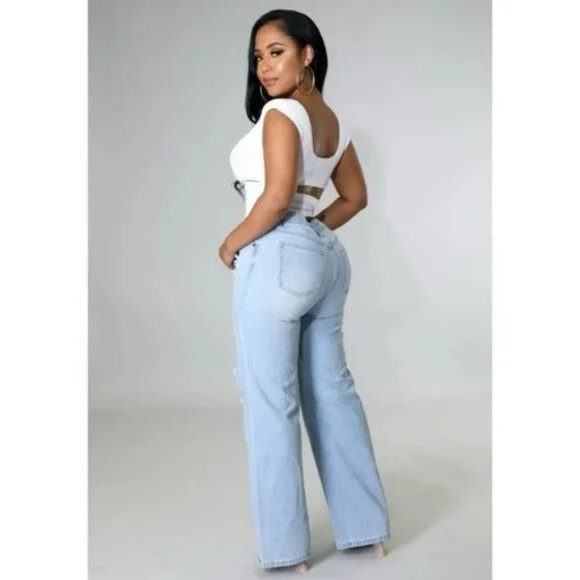 Blue High Waist Ripped Distressed Wide Leg Jeans Denim Pants - Picture 6 of 12